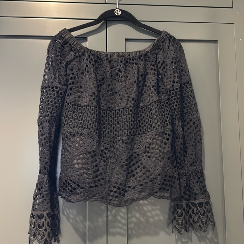 AQUA Black Lace Off Shoulder Lace Top